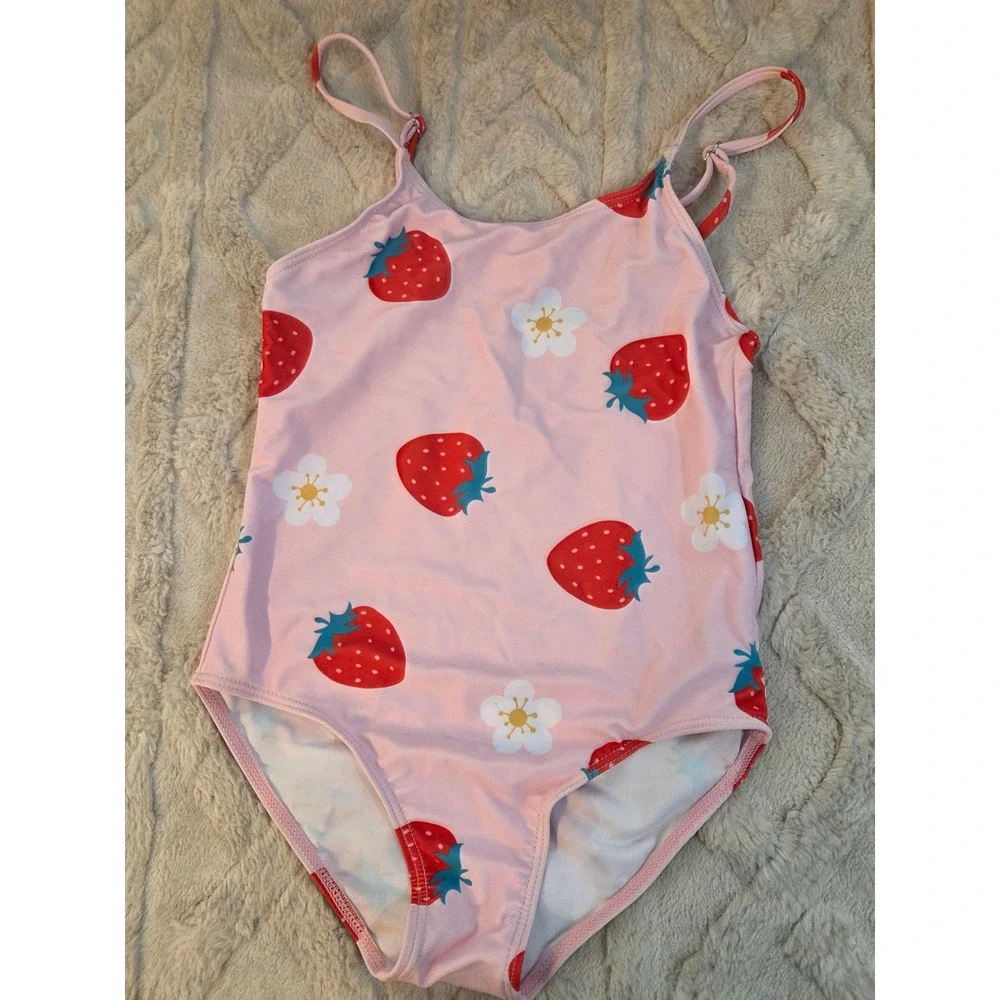Girls Pink Strawberry Flower Print‎ One Piece Swimsuit Size L Adjustable Straps